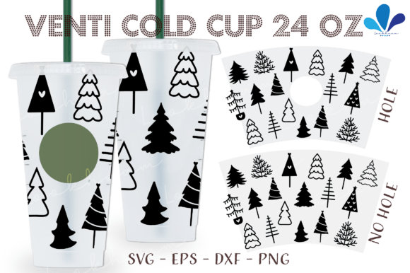 Doodle Christmas Tree Venti Cup SVG Wrap: Graphics & Print Templates