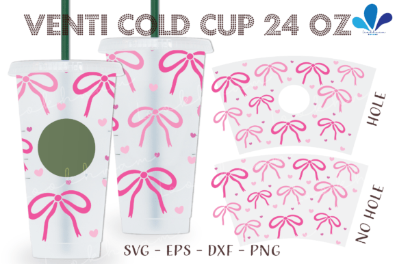 Pink Ribbon Bow Heart Venti Cup SVG Wrap: Graphics & Print Templates